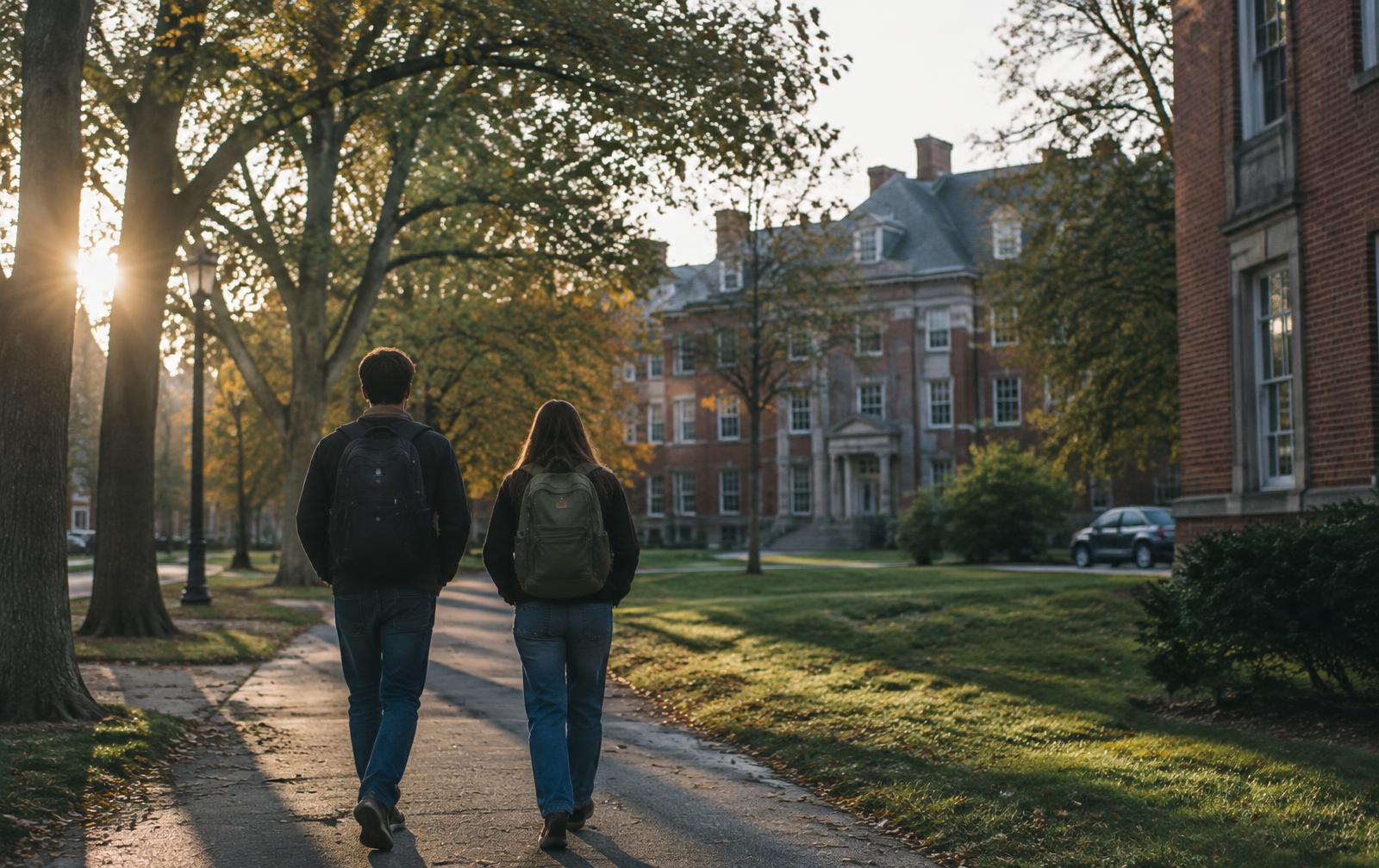 Two students with backpacks walking a tree-lined path across a college campus in morning light.