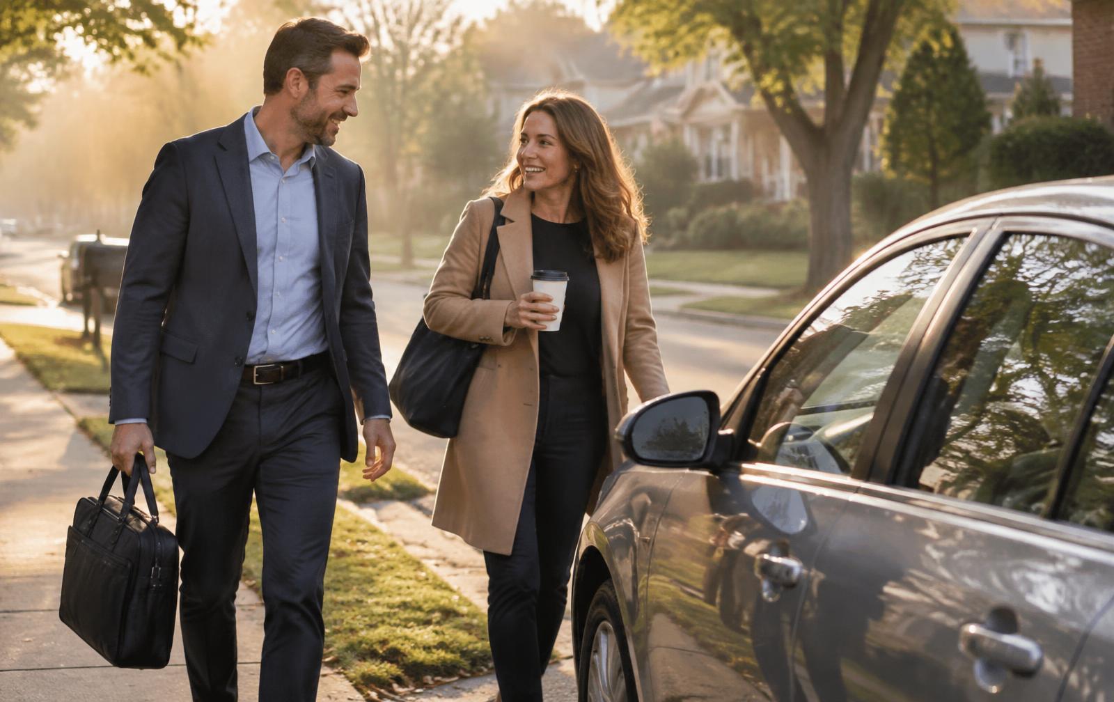 Two commuters walking toward a car together on a suburban street in the morning.