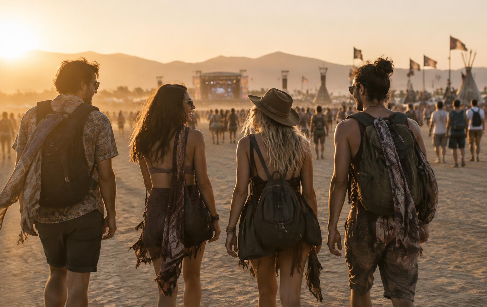 Festivalgoers walking together across a field toward an outdoor music festival at sunset.