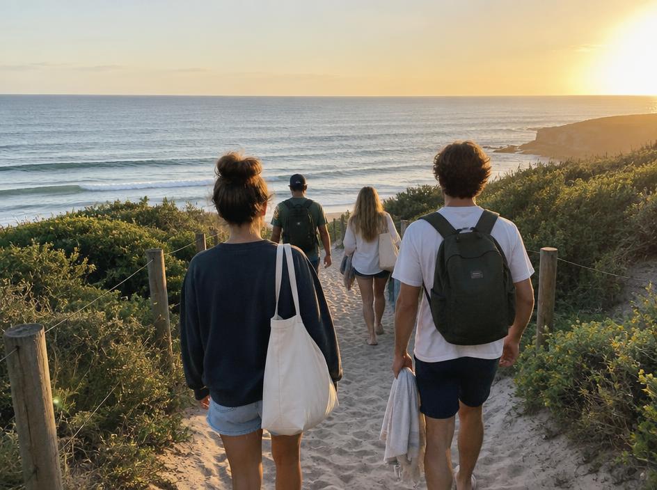 Friends walking a sandy path toward the ocean in late afternoon light.