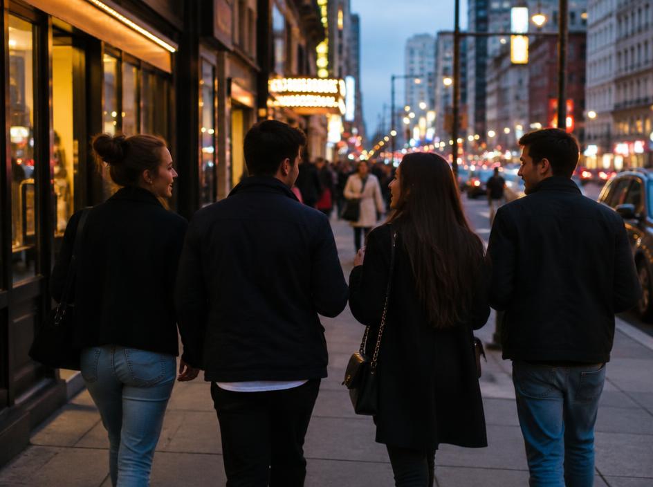 Friends walking along a lively city street in the evening.
