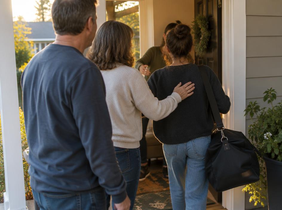 A traveler with an overnight bag being welcomed at a family front door.