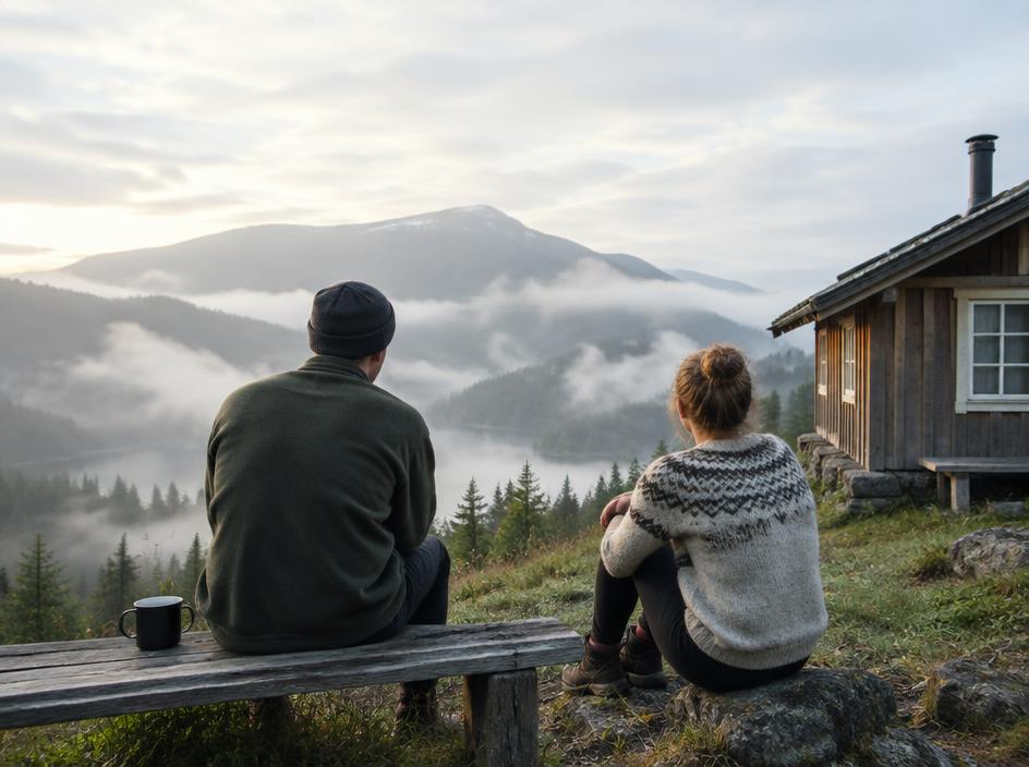 Two people sitting outside a mountain cabin looking over a misty valley.